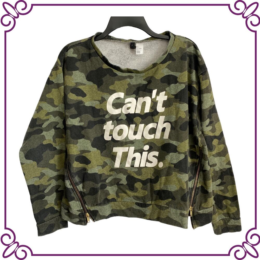 H&M Camo Zip Oversized Long Sleeve Sweatshirt "Can't Touch This." Large